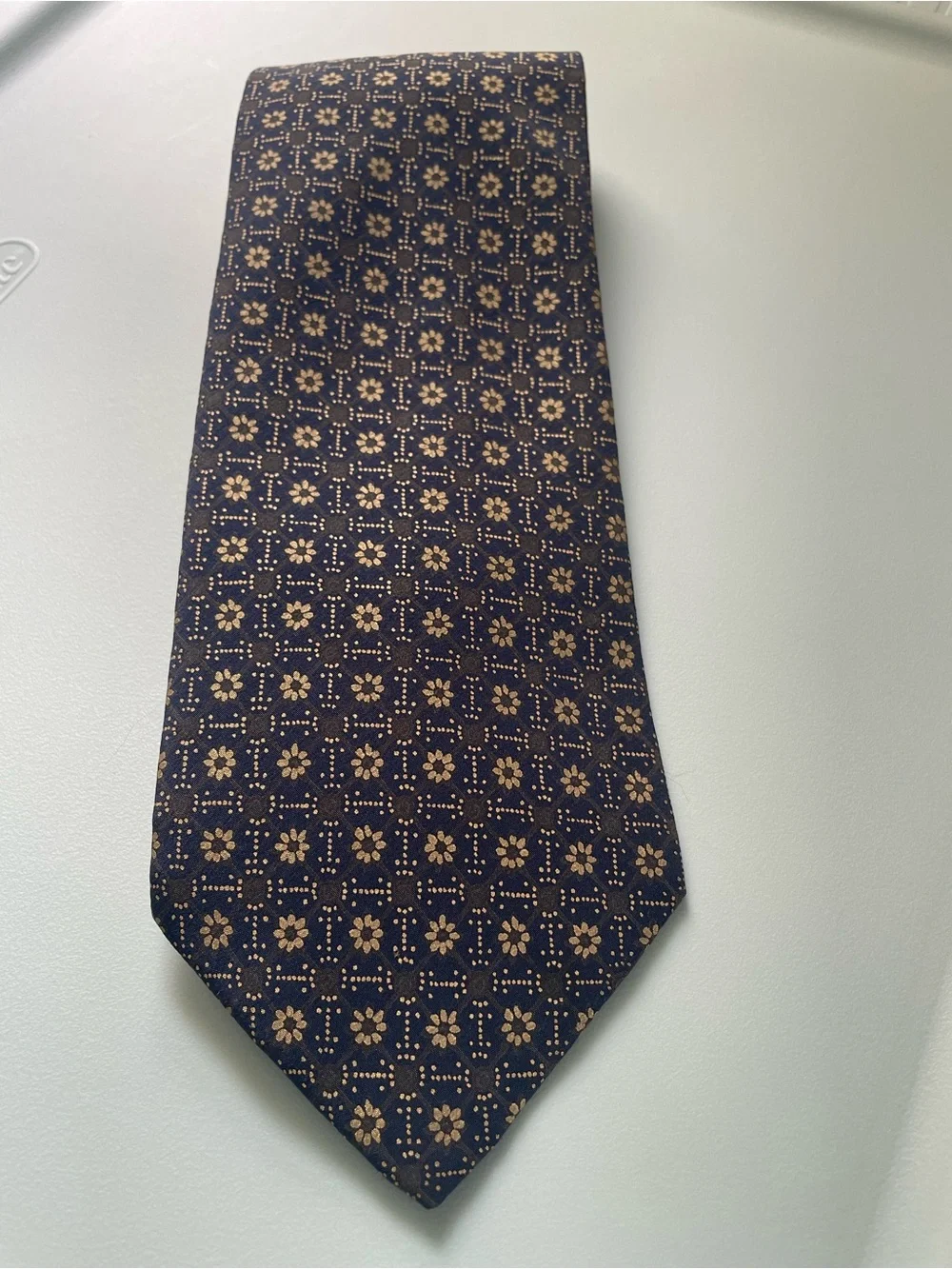 Vintage Geoffrey Beene Necktie 100% Silk USA NAVY gold Brown Floral Geometric